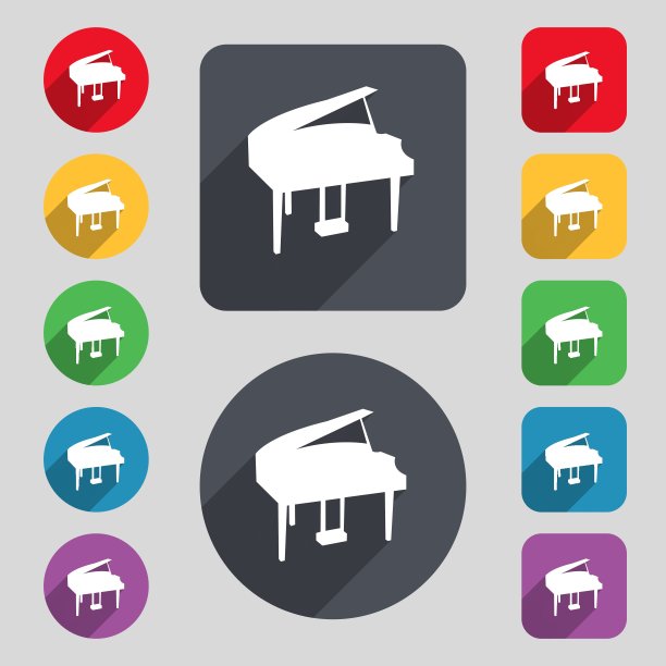 大钢琴图标标志。一套12种颜色的纽扣和一个长长的影子。平面设计。向量图片下载