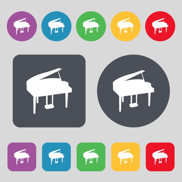 大钢琴图标标志。一套12个颜色的按钮。平面设计。向量图片下载