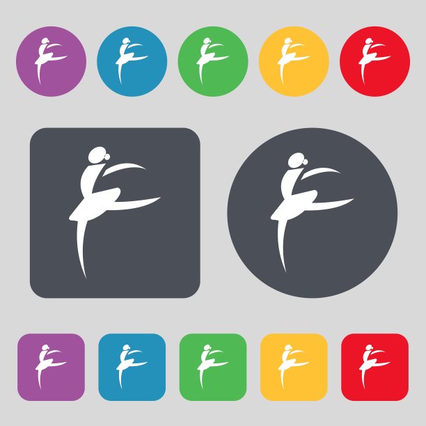 跳芭蕾的女孩，芭蕾舞者的标志。一套12个颜色的按钮。平面设计。向量图片下载