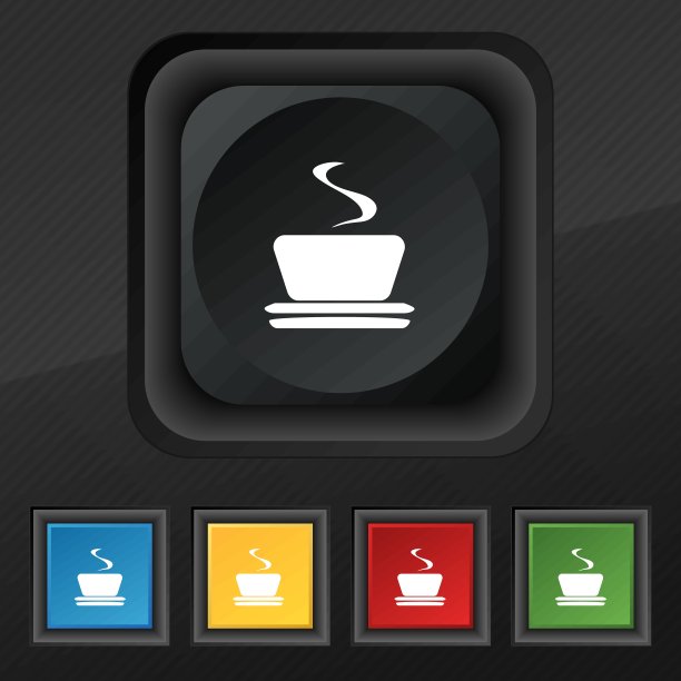 咖啡，茶的图标象征。五套彩色，时尚的钮扣黑色纹理为您的设计。向量图片下载