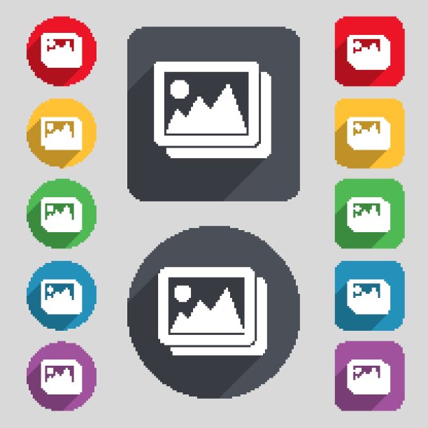 图像，jpeg，照片图标标志。一套12种颜色的纽扣和一个长长的影子。平面设计。向量图片下载