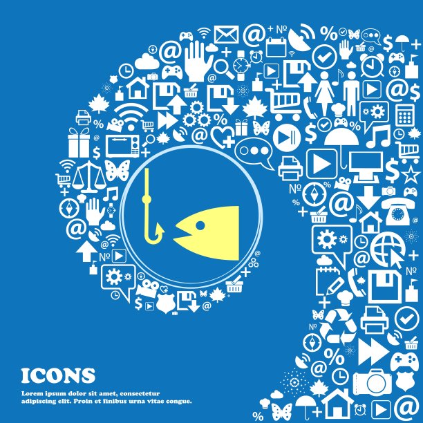 钓鱼标志符号。一组漂亮的图标扭曲成一个大图标的中心螺旋。向量图片下载