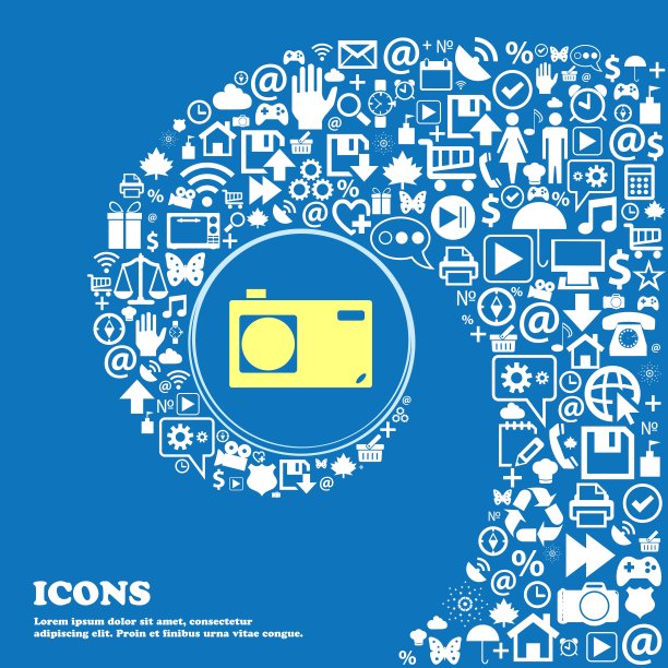 照片相机标志图标。数字符号。一组漂亮的图标扭曲成一个大图标的中心螺旋。向量图片下载