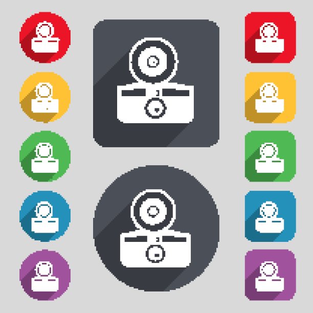 复古照片相机图标标志。一套12种颜色的纽扣和一个长长的影子。平面设计。向量图片下载