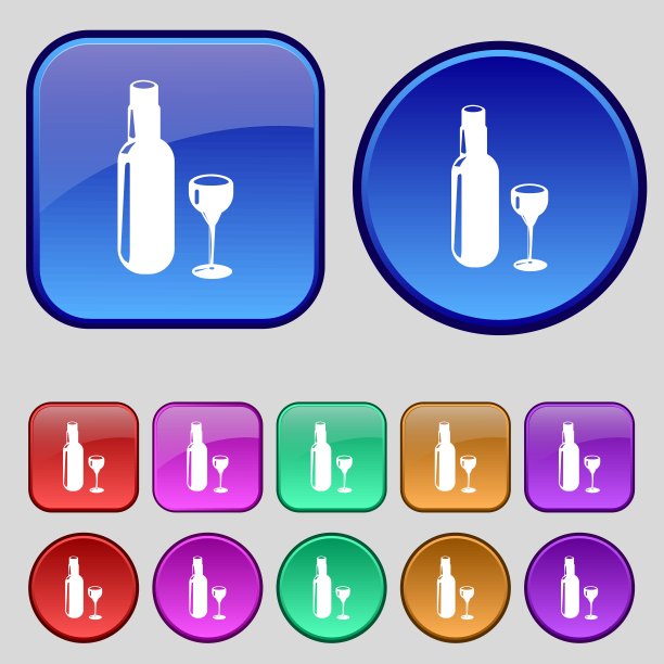 酒瓶和玻璃图标标志。你设计的一套12个老式纽扣。向量图片下载