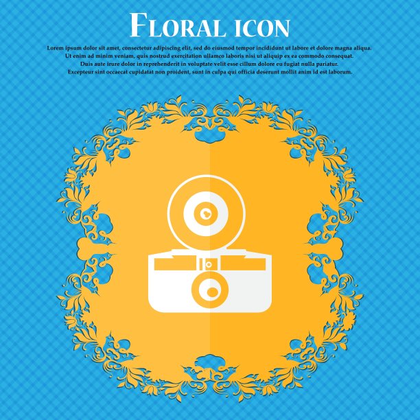 复古照片相机图标。花卉平面设计的蓝色抽象背景与地方为您的文本。向量图片下载