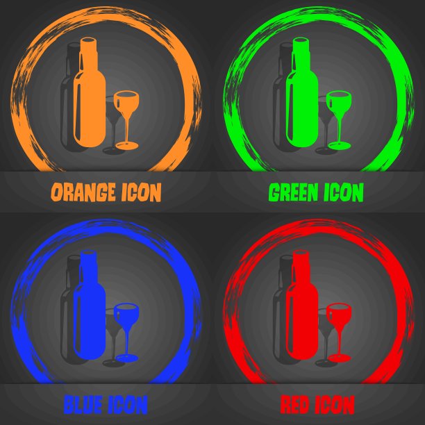酒瓶和玻璃图标。时尚的现代风格。橙色，绿色，蓝色，红色的图案。向量图片下载