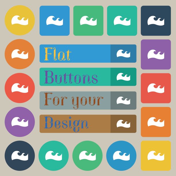 波图标的迹象。二十套彩色平，圆，方和矩形按钮。向量图片下载