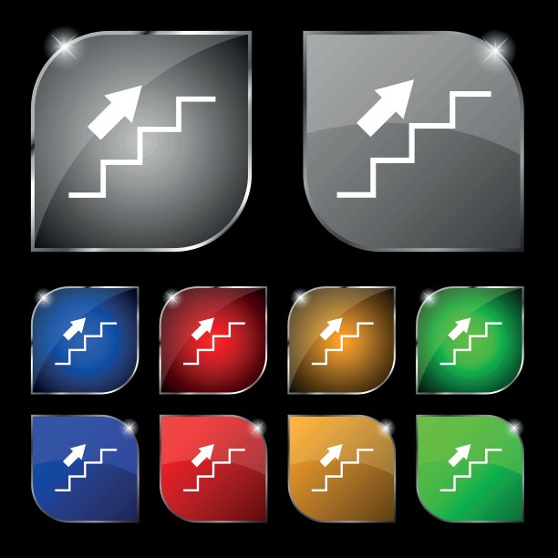 楼梯上升标志。十套彩色按钮与眩光。矢量信号。十套彩色按钮与眩光。向量图片下载