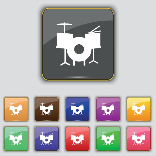 鼓图标符号。为你的网站设置11个颜色的按钮。向量图片下载