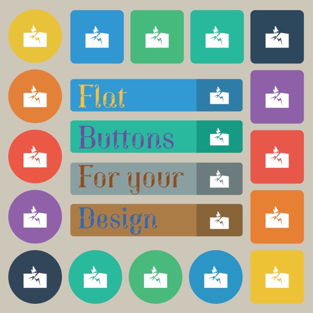 财产保险图标标志。二十套彩色平，圆，方和矩形按钮。向量图片下载