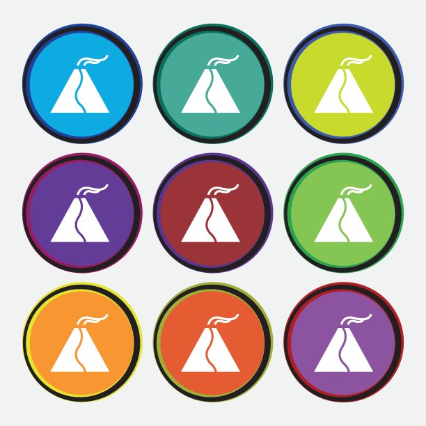 活火山喷发标志。九个多色圆形按钮。向量图片下载