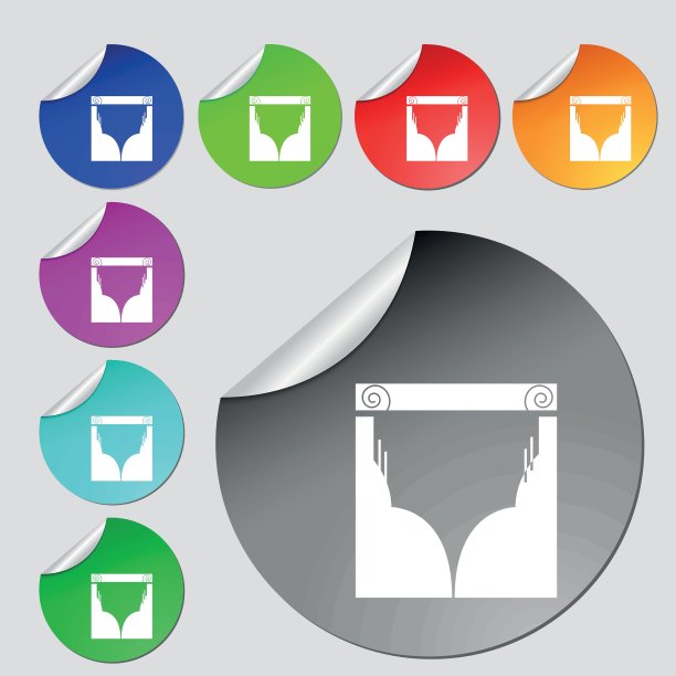 窗帘图标标志。八套多色圆扣、贴纸。向量图片下载