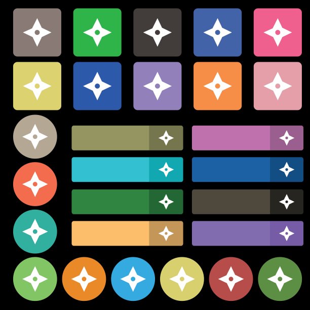 忍者之星，飞镖的标志。由27个彩色平面按钮设置。向量图片下载