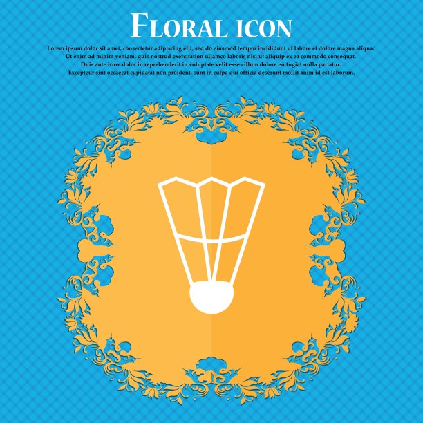 羽毛球图标图标。花卉平面设计的蓝色抽象背景与地方为您的文本。向量图片下载