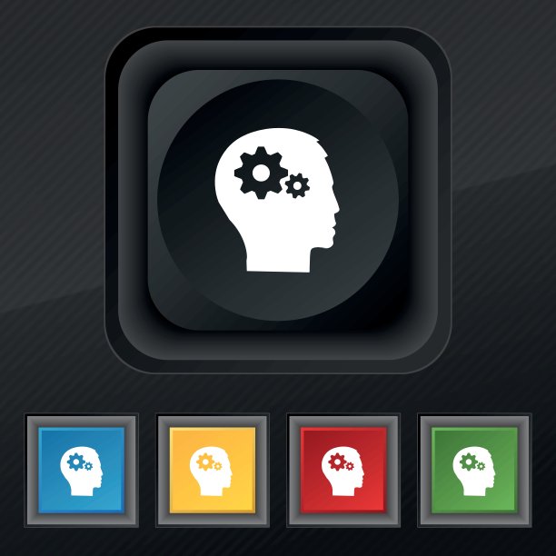 在头部齿轮的象形文字图标符号。五套彩色，时尚的钮扣黑色纹理为您的设计。向量图片下载