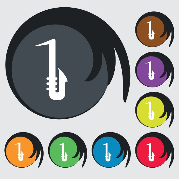 萨克斯演奏家的迹象。八个彩色按钮上的符号。向量图片下载