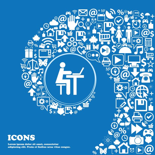 商人在电脑图标上工作。一组漂亮的图标扭曲成一个大图标的中心螺旋。向量图片下载