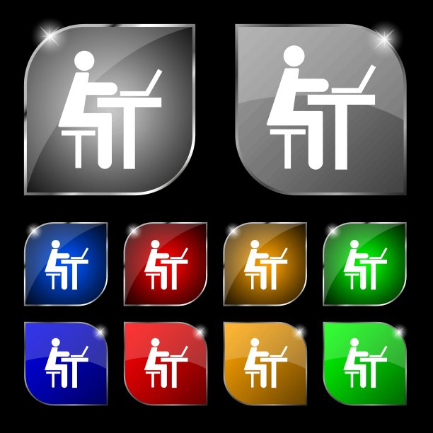 商人工作的电脑图标标志。十套彩色按钮与眩光。向量图片下载