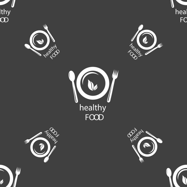 健康食品概念标志。灰色背景上的无缝模式。向量图片下载
