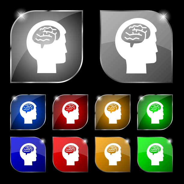 大脑图标符号。十套彩色按钮与眩光。向量图片下载