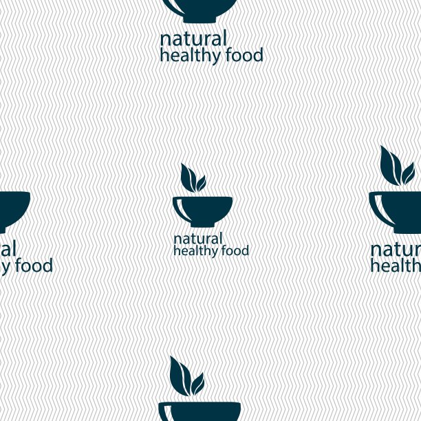 健康食品概念标志。无缝图案与几何纹理。向量图片下载