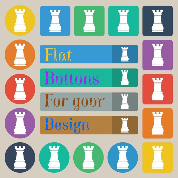 象棋车图标标志。二十套彩色平，圆，方和矩形按钮。向量图片下载