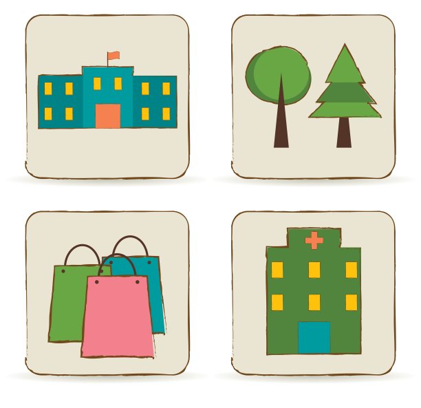 城市建筑和地方图标设置。图片下载