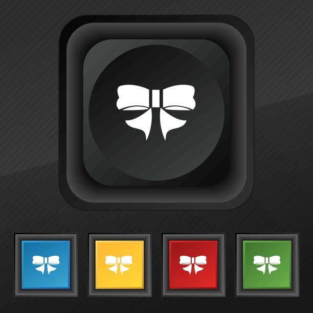 丝带蝴蝶结图标象征。五套彩色，时尚的钮扣黑色纹理为您的设计。向量图片下载