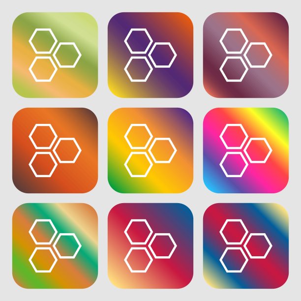 蜂窝图标符号。9个带有明亮渐变的按钮，设计美观。向量图片下载