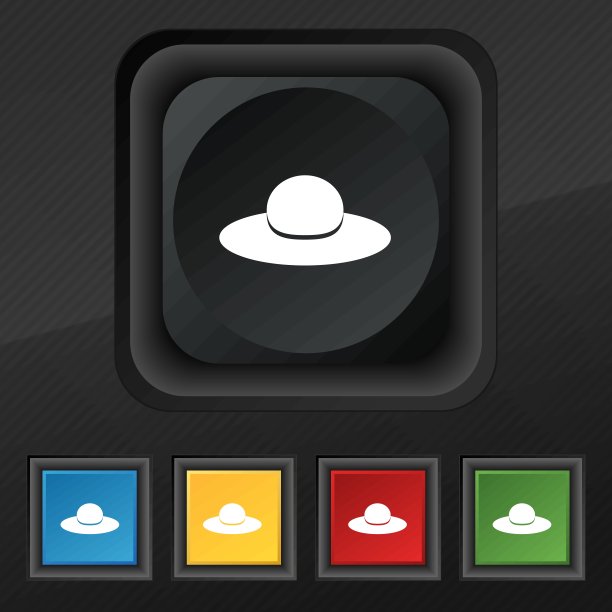 女人帽子图标象征。五套彩色，时尚的钮扣黑色纹理为您的设计。向量图片下载