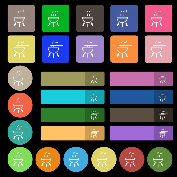 烧烤图标符号。由27个彩色平面按钮设置。向量图片下载