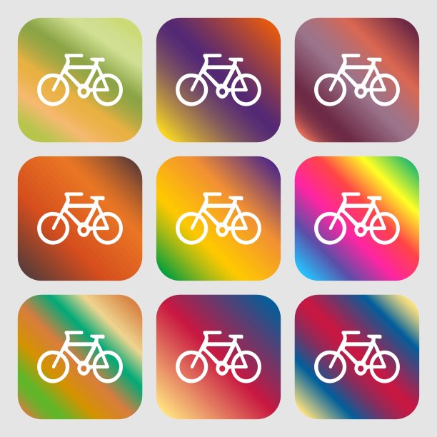 自行车图标符号。9个带有明亮渐变的按钮，设计美观。向量图片下载