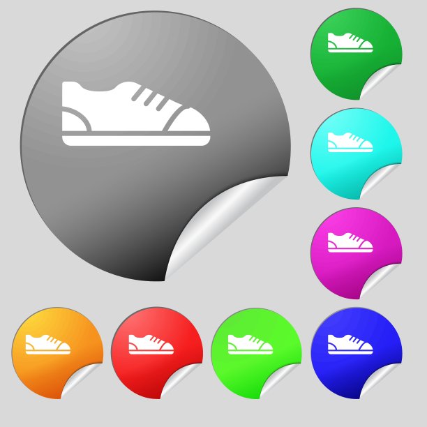 鞋图标符号。八套多色圆扣、贴纸。向量图片下载