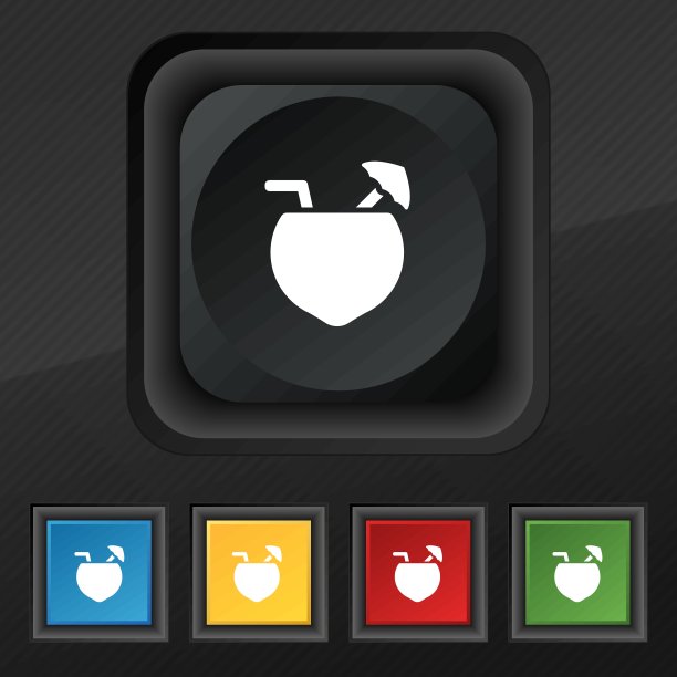 椰子鸡尾酒图标象征。五套彩色，时尚的钮扣黑色纹理为您的设计。向量图片下载