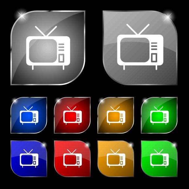 电视图标符号。十套彩色按钮与眩光。向量图片下载