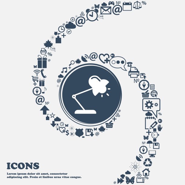 台灯的图标在中间。围绕着许多美丽的符号盘旋而成。您可以分别在您的设计中使用它们。向量图片下载