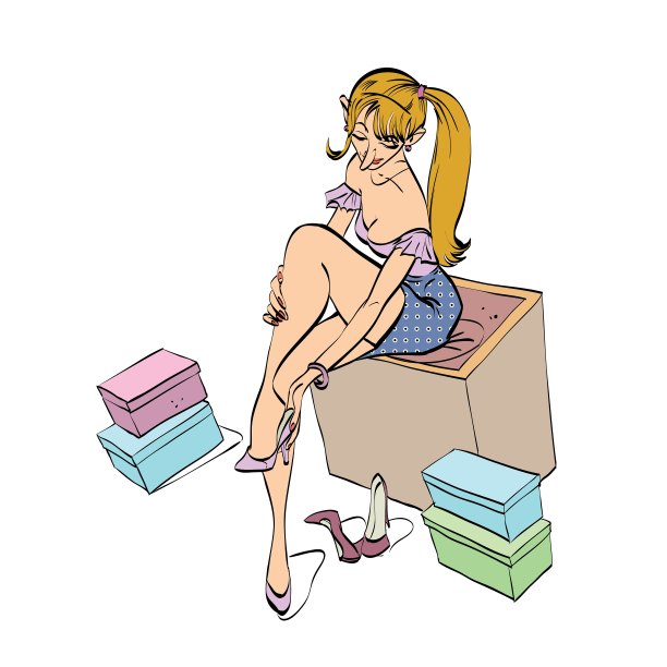 一个正在试鞋的年轻女人的漫画图片下载