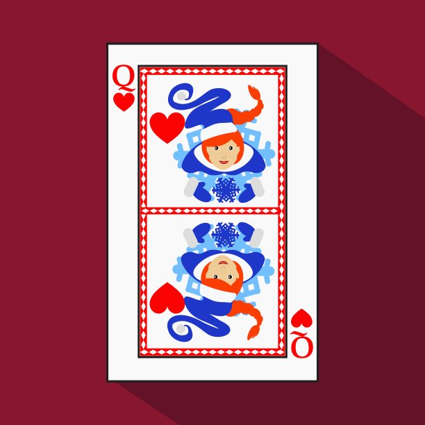 扑克牌。图标图片很简单。心女王。新年的圣诞老人女孩。圣诞节的话题。以白色为底物。矢量插图上的红色背景。网站、印刷、t恤、面料、室内、注册、设计等申请预约。玩扑克图片下载