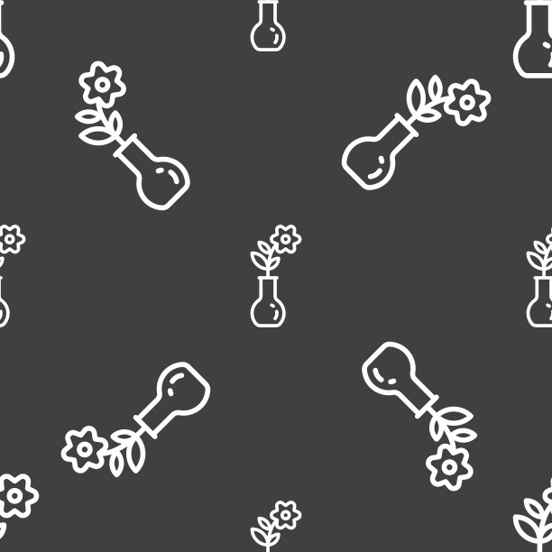 花瓶中的花图标标志。灰色背景上的无缝模式。向量图片下载