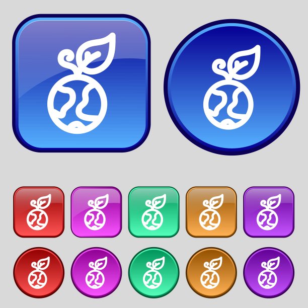 绿苹果是地球的标志。你设计的一套12个老式纽扣。向量图片下载