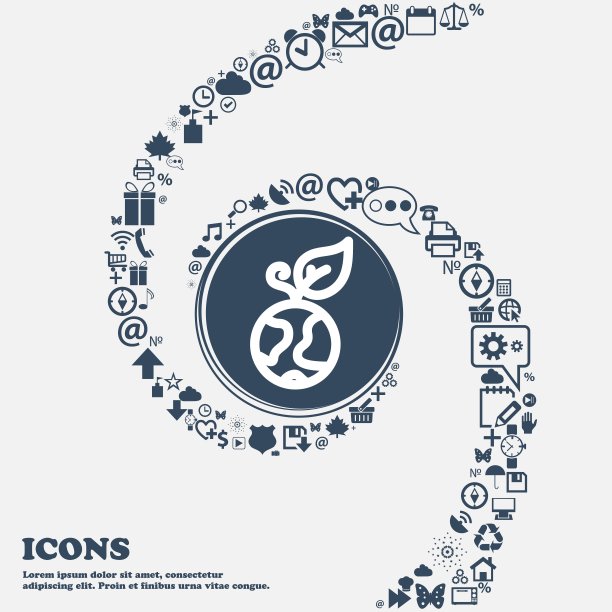 绿色的苹果地球图标在中心。围绕着许多美丽的符号盘旋而成。您可以分别在您的设计中使用它们。向量图片下载