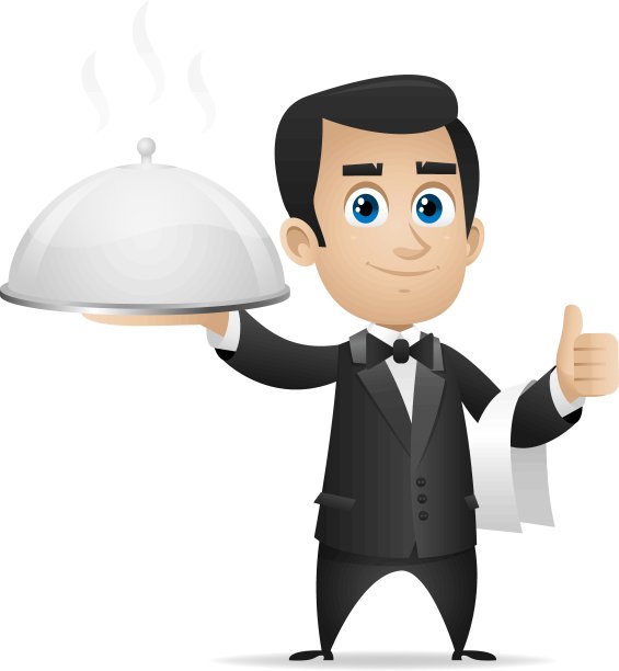 侍者端着盘子，竖起大拇指图片下载