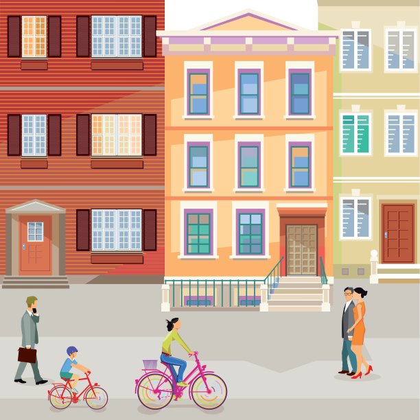 有行人和骑自行车的郊区街道图片下载