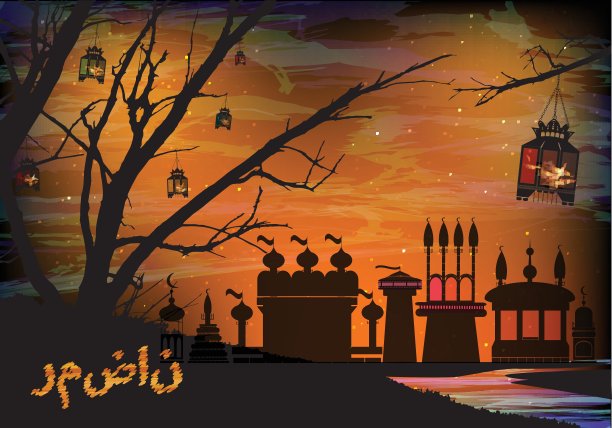 斋月。树上的灯笼。橙色背景图片下载