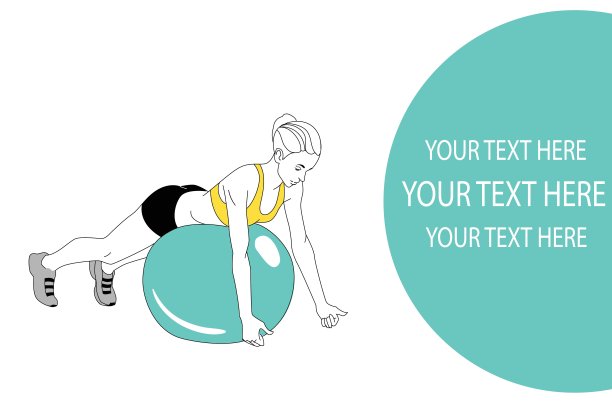 运动女孩用球做普拉提练习。fitball练习。给你题词的地方。为您的设计准备好模板。矢量插图。图片下载