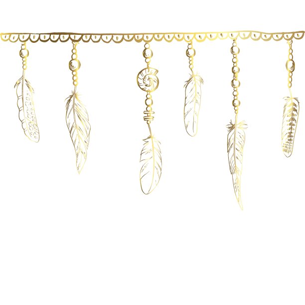放荡不羁的元素。矢量插图羽毛，链和珠宝在一个黄金轮廓。孤立在白色背景上的装饰性鸟类羽毛。图片下载