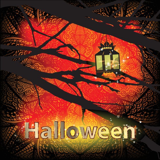 万圣节。树上的灯光闪烁着火焰图片下载