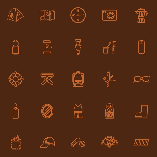 露营必要的棕色线图标图片下载