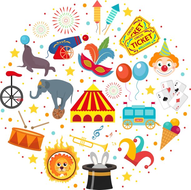 马戏团图标设置在圆形平面，卡通风格。集合元素有大象、狮子、海狮、枪、小丑、门票。孤立在白色背景上。矢量插图剪辑艺术。图片下载